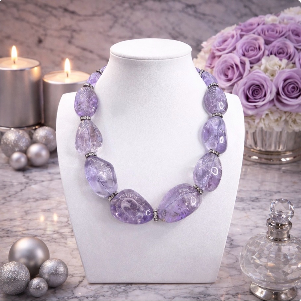 OSCAR DE LA RENTA Tumbled Amethyst Gemstone Nugget Statement Necklace